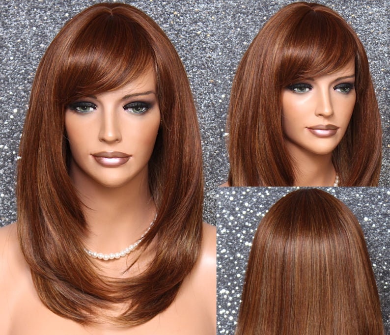 Natural Auburn Mix Human Hair Blend Heat Safe Long Straight Face Framing Full Bangs Wig Cancer Alopecia Theater Cosplay