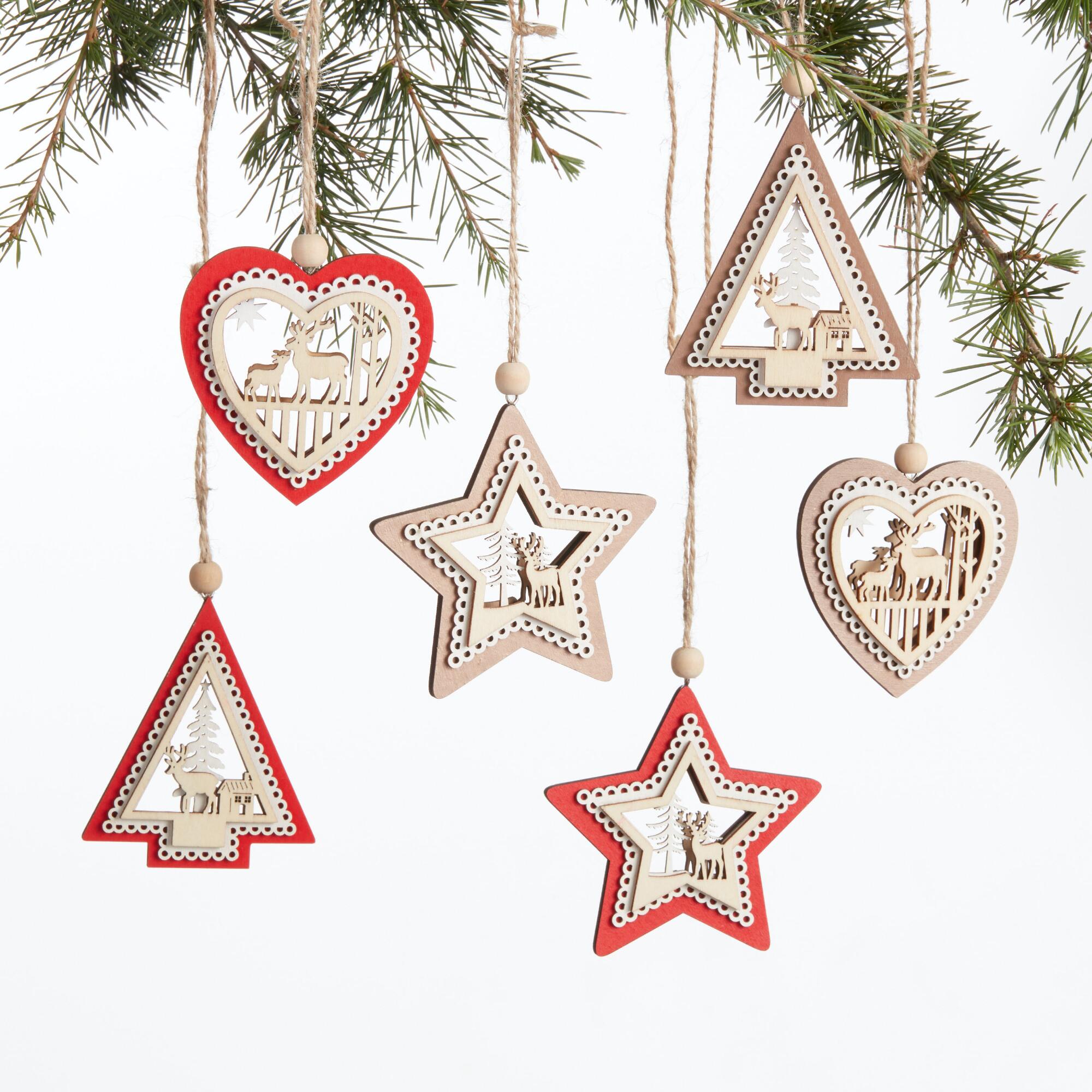 Laser Cut Wood Holiday Icon Ornaments Set of 6: Multi by World Market