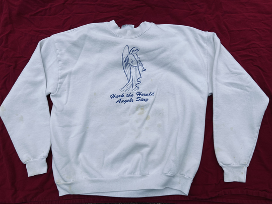 Vintage Lee Cotton Blend Large/xtra Large White "Hark The Herald Angels Sing" Embroidered With An Angel Playing Instrument. USA Made