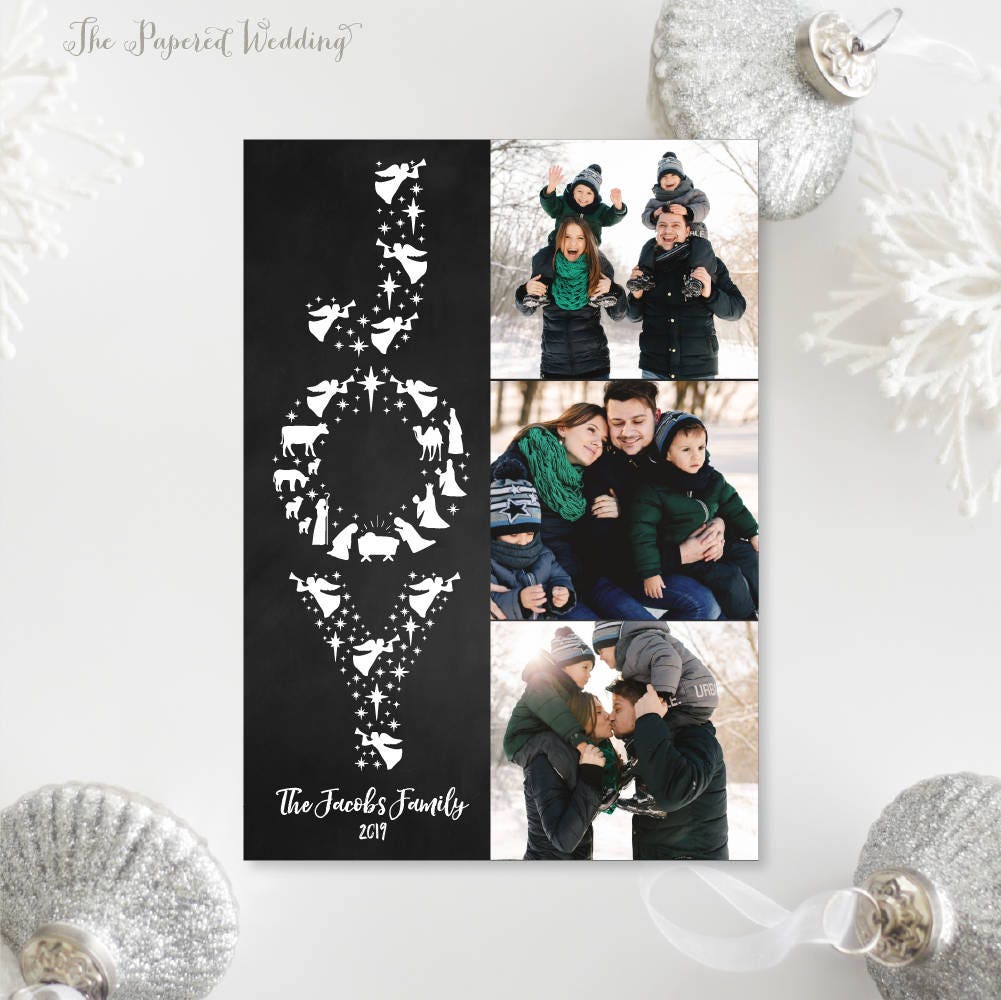 Printable Or Printed Nativity Themed Photo Christmas Cards - Chalkboard Christian Joy Holiday Three Photos 003 P3
