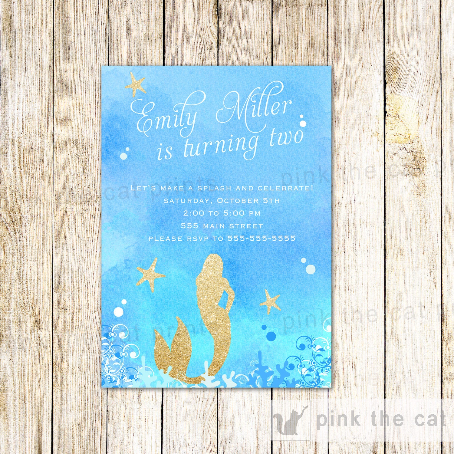 Mermaid Invitation - Birthday Gold Glitter Party Watercolor Girl Invite Theme