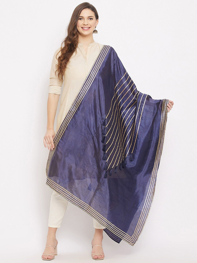 Women's Silk Blend Navy Blue & Gold-Toned Embroidered Dupatta With Gotta Patti Free Shipping