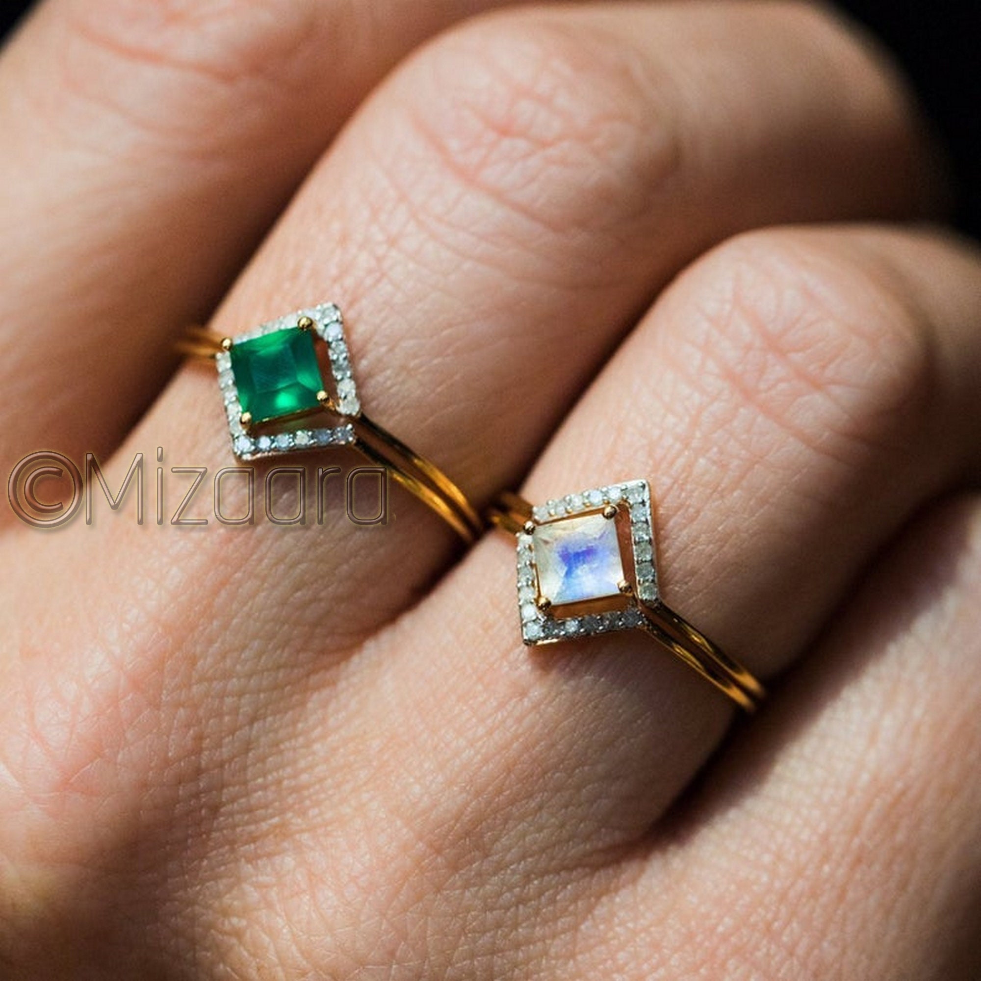 Princess Moonstone Stacking Ring Rings Three Set Dainty Band Bridal Gift Birthstone Engagement Gold Silver