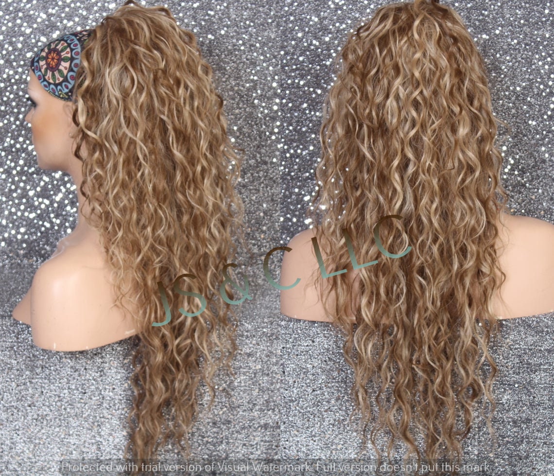 Ash Brown Blonde Mix Human Hair Blend Ponytail Hairpiece Drawstring Ex Long Wavy Just Put It On & Go Can Be Wrapped Around As A Bum