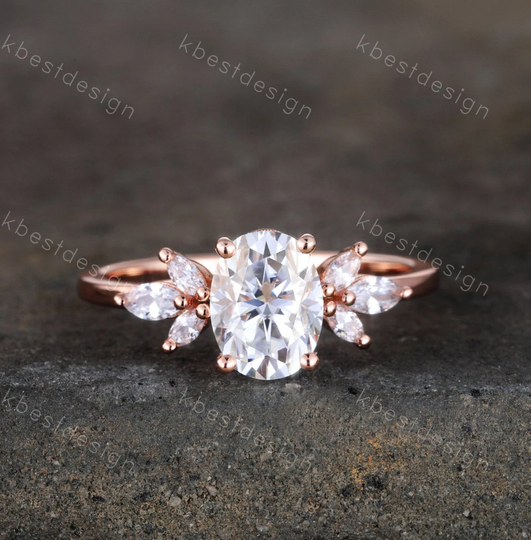 Oval Engagement Ring, Rose Gold Unique Marquise Cluster Cut Promise Ring, Wedding Ring