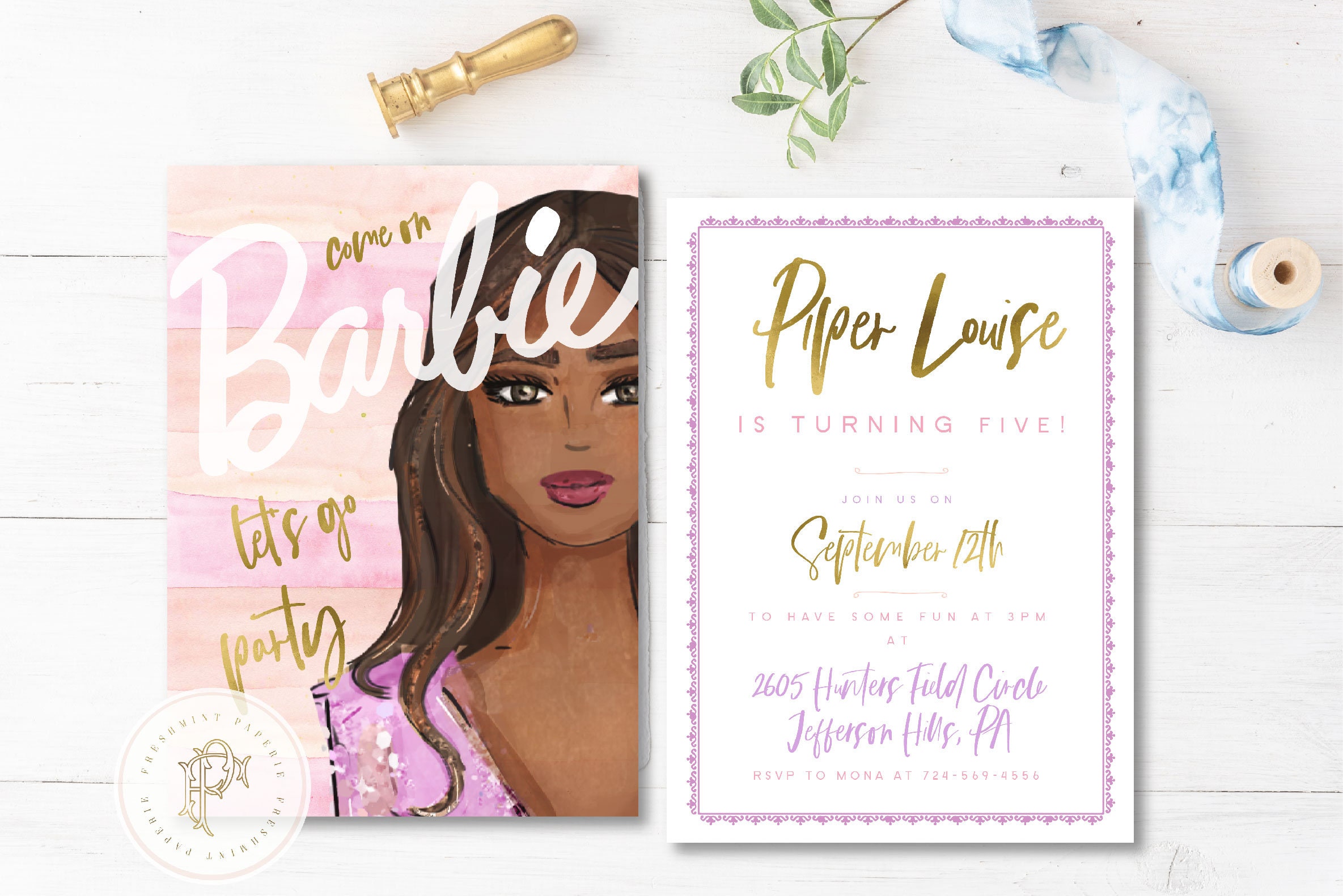 Barbie Invitation - Birthday Invitation Party Black Doll Invite