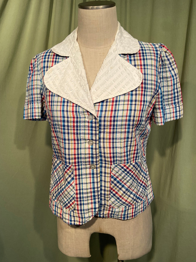 Sweet Original Vintage 70's Cotton Blend Seersucker Short Sleeve Plaid Blouse Tag Size 13-14 Bust 38