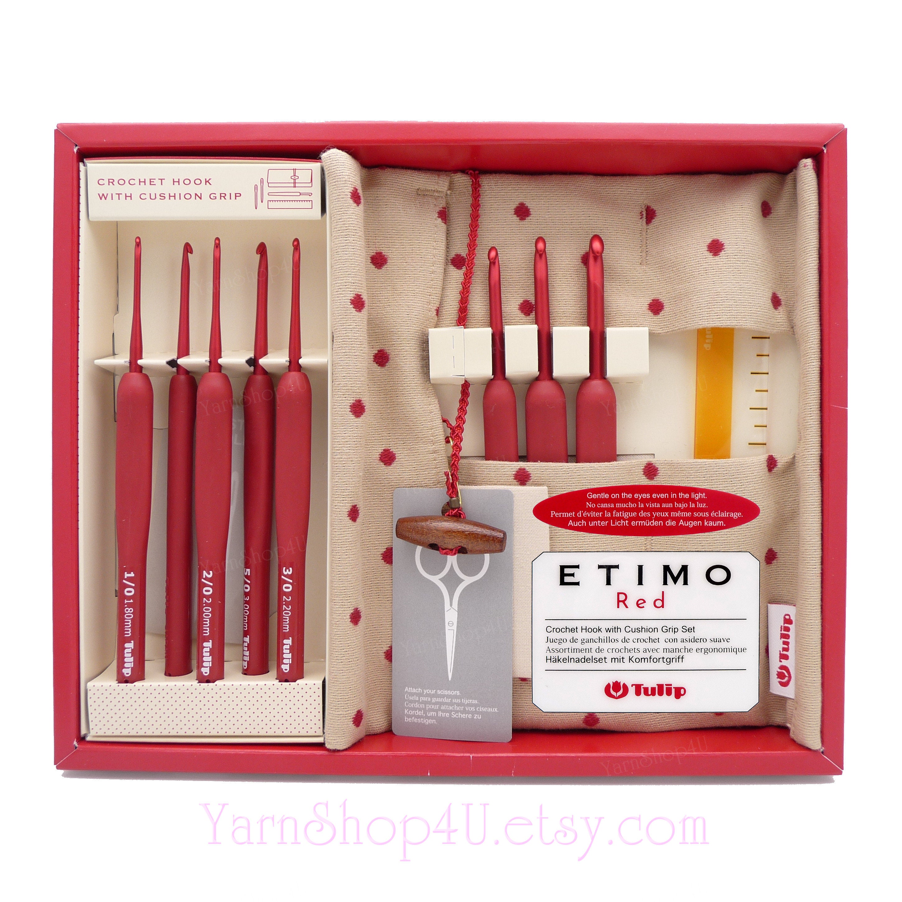 Etimo Red Ted-001. Tulip Crochet Hook Set in 8 Sizes 1-8 | 1.8mm-5mm. Cushion Grips, Case, & Ruler