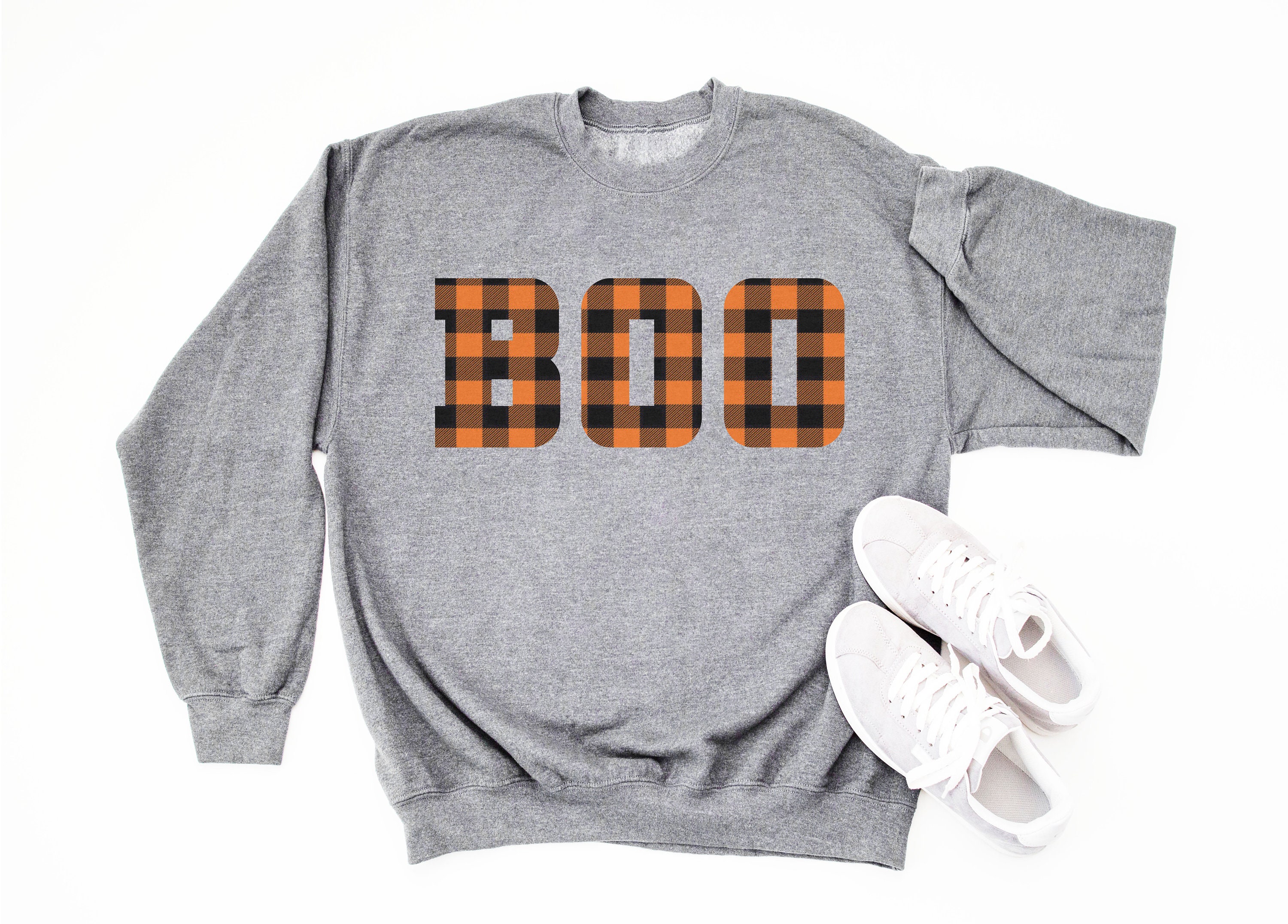 Boo Plaid Buffalo Halloween Cute Trending Screen Printed Fall Sweatshirts For Women Thanksgiving Sweater