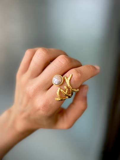 Embraced | Stunning Faceted Moonstone Ring Branch Band Adjustable 10mm Gold Filled Luminous Brushed Finish