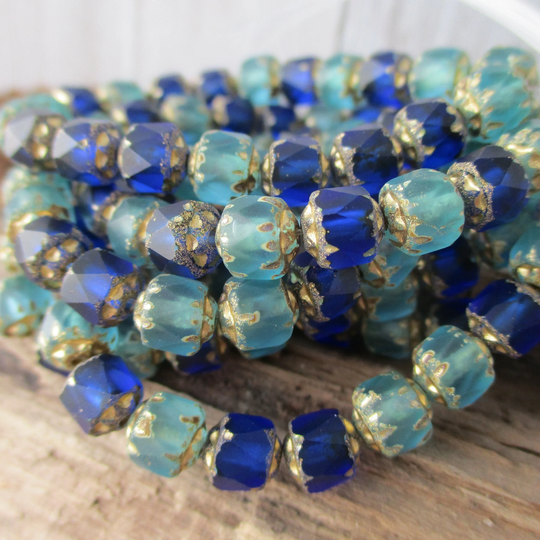 6mm Blue Blend Gold Czech Glass Beads, Cathedral Cut, Fire Polished Renaissance Style, Strand 20 Beads