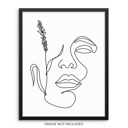 Abstract One Line Face With Sprig Wall Art Print Poster 11"x14" Fashion Artwork For Bedroom Living Room Bathroom Or Home Office