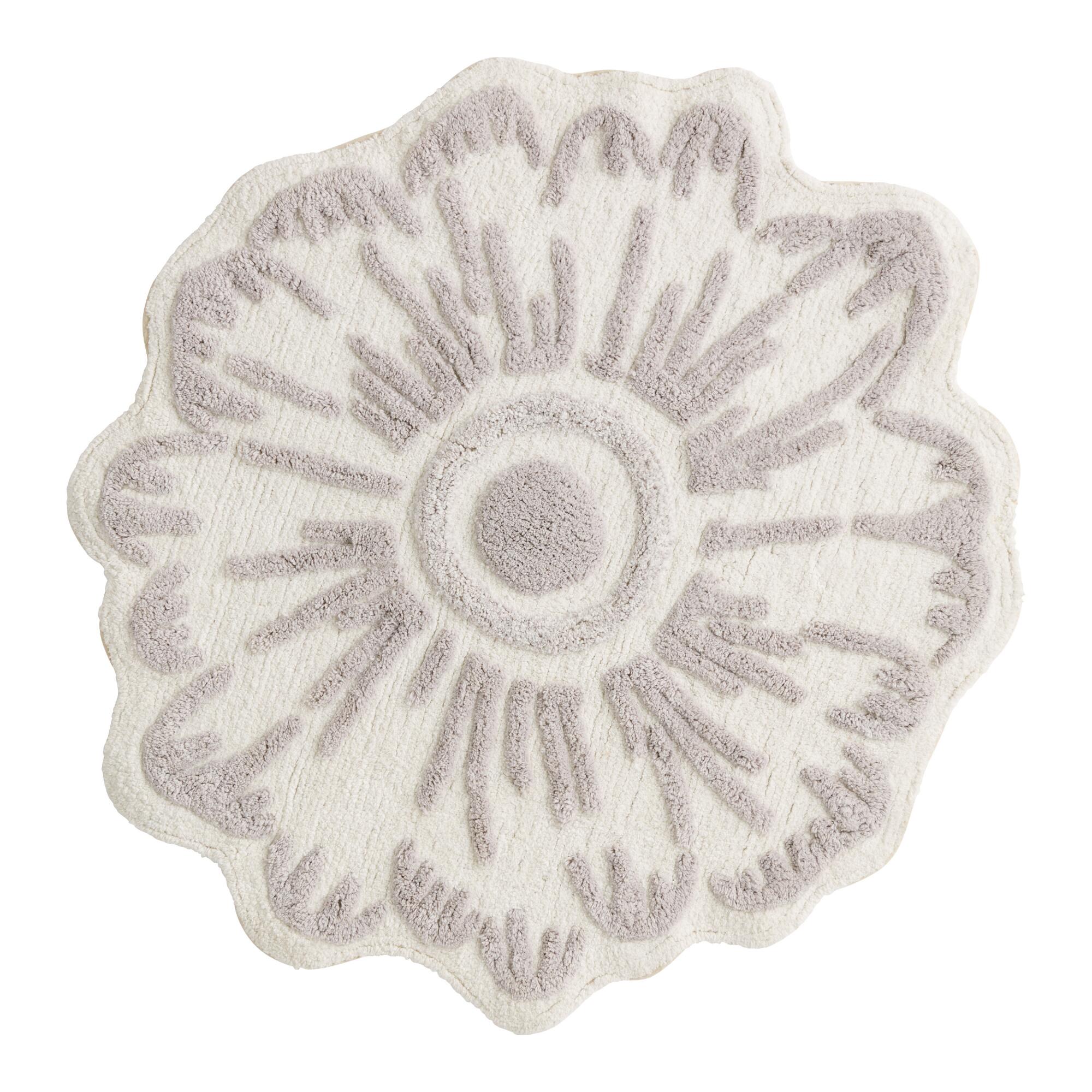 Round White and Gray Tufted Flower Bath Mat: Gray/White - Cotton by World Market