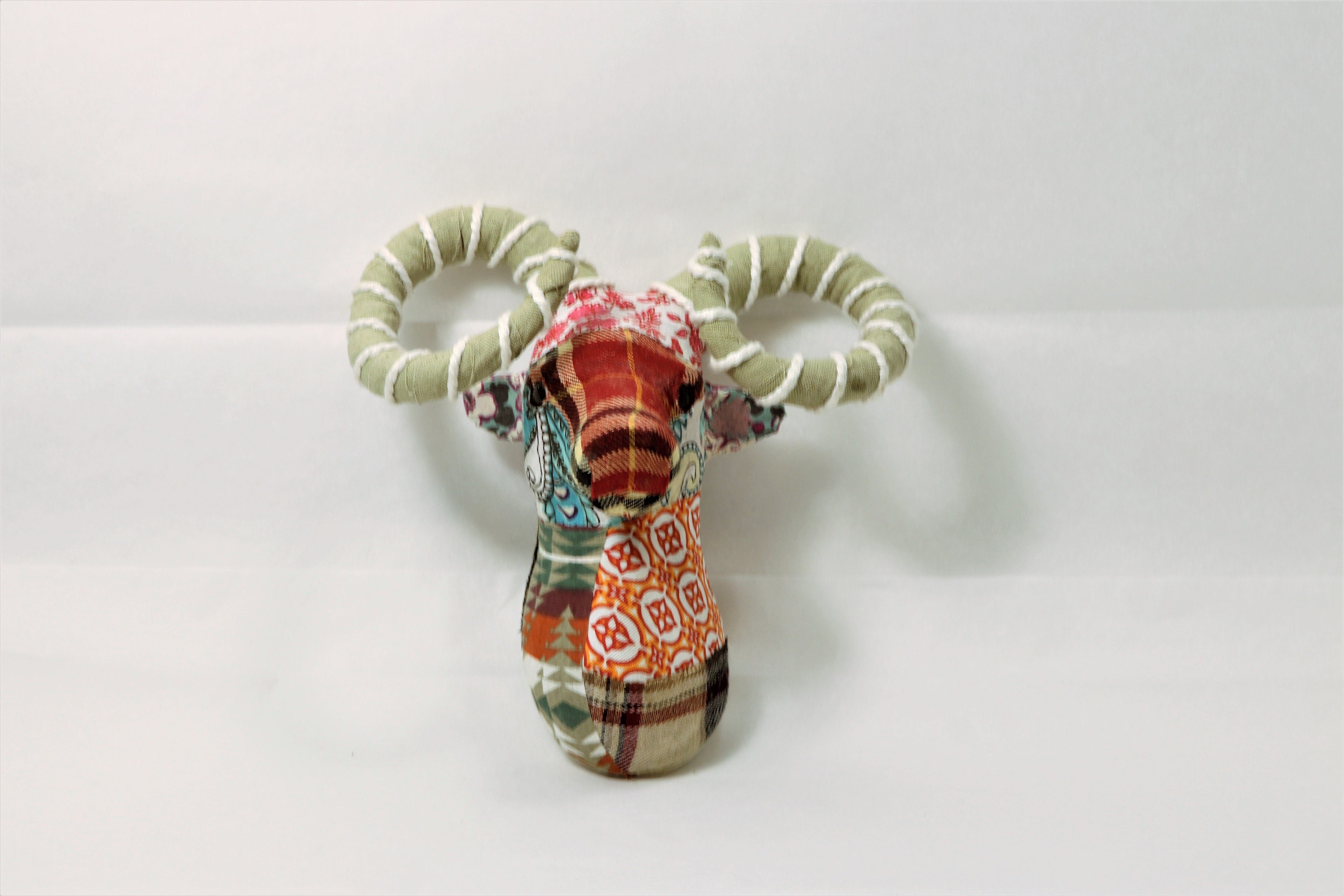 Ram Head Cloth Decoupage, Figurine Statue Patchwork, Fabric Quilt Head
