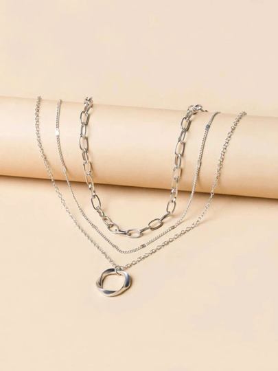 Triple Strand Silver Chain Link Disc Coin Necklace Layered Gift