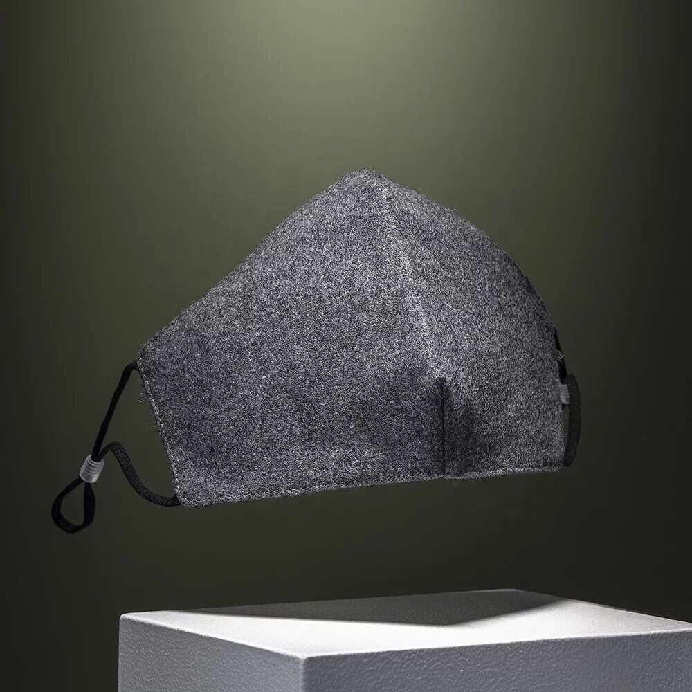 Winter Wool Blend Face Mask, Breathable Washable Grey Reusable Elegant Business Casual Mask with Nose Wire Filter Pocket & Adjustable Straps