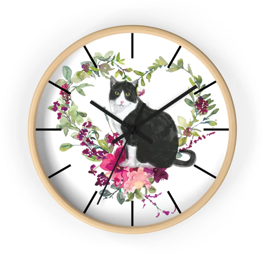 Tuxedo Cat Heart Wreath Wall Clock