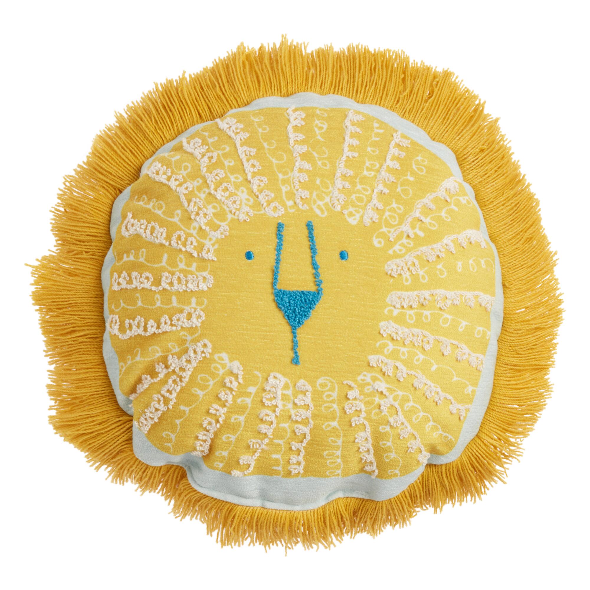 Round Lion Throw Pillow: Yellow - Cotton by World Market