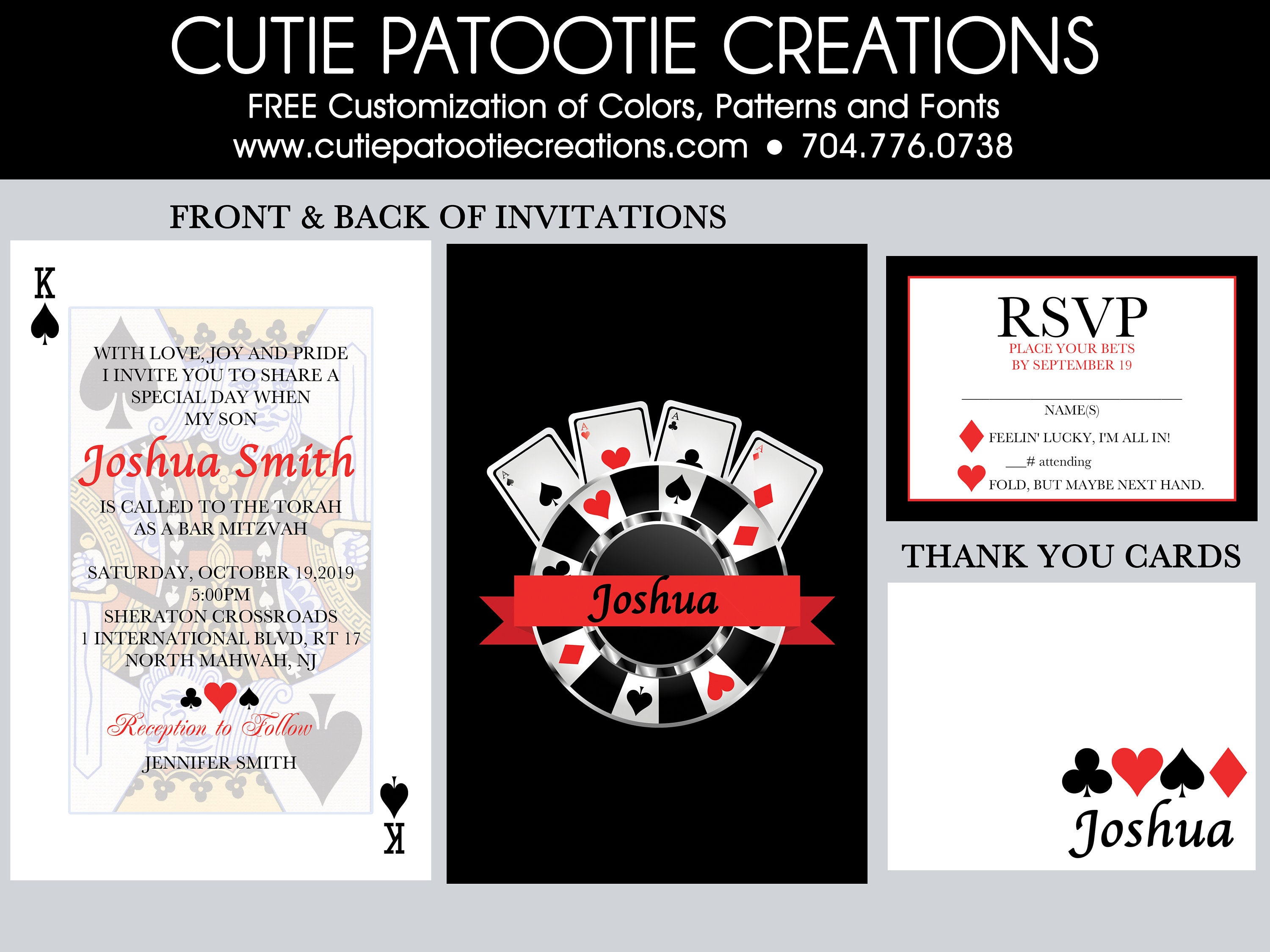 Las Vegas Casino Themed Bar Mitzvah Invitations - Rsvp Card Logo & Thank You Notes Custom Color Available