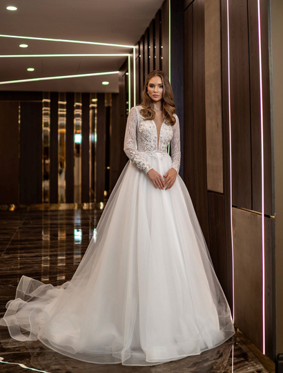 A-Line Cathedral Wedding Dress, Romantic V-Neck Lacing Back Dress Straps, Bridal Gowns