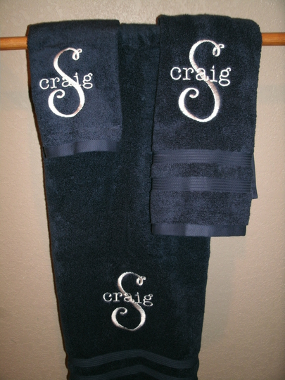 Monogram Stylish Script Letter Initial Personalized 3 Piece Bath Towel, Hand Towel & Washcloth Set Monogrammed Towels