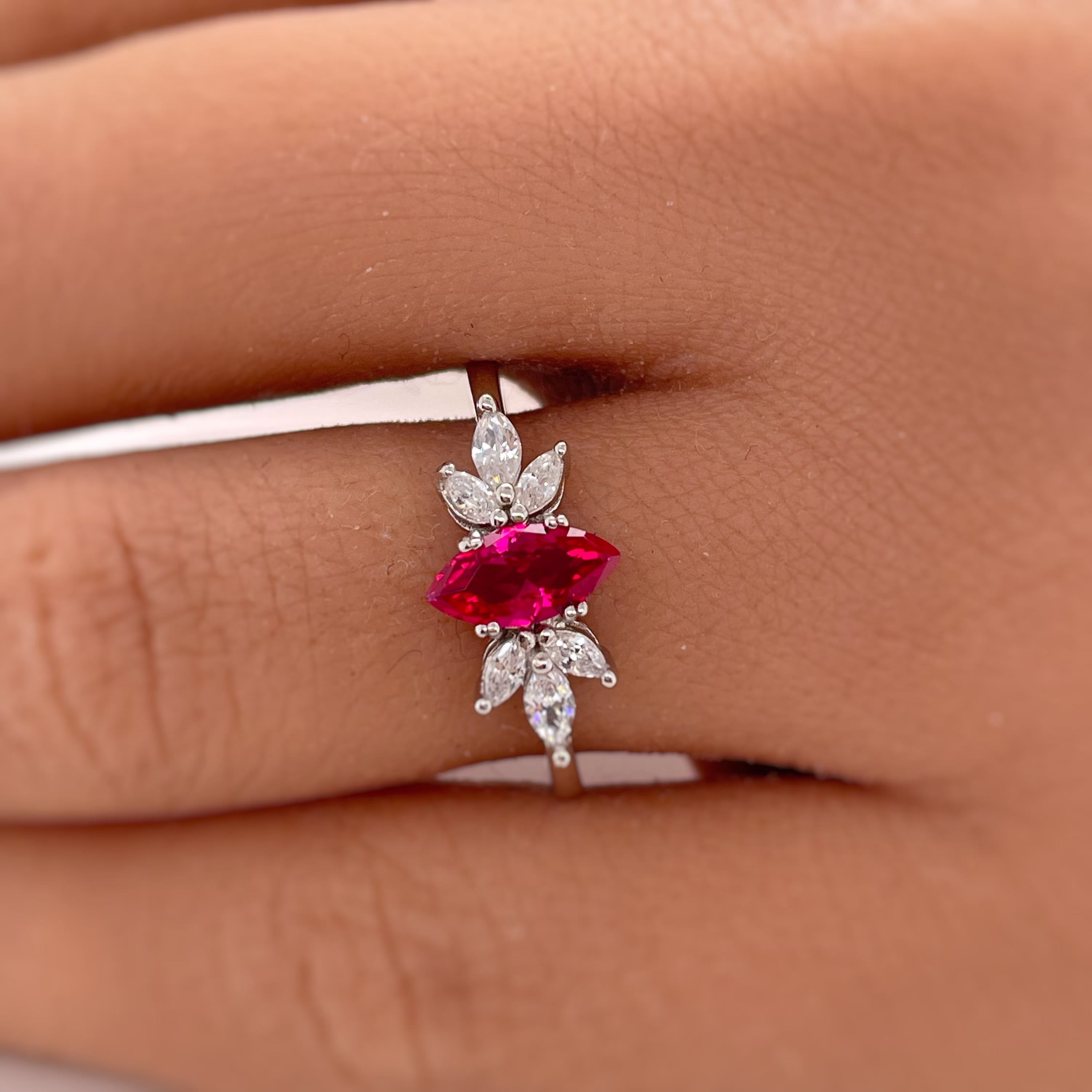 Ruby Marquise Art Deco Flower Engagement Ring, Dainty Minimalist Wedding Promise Ring