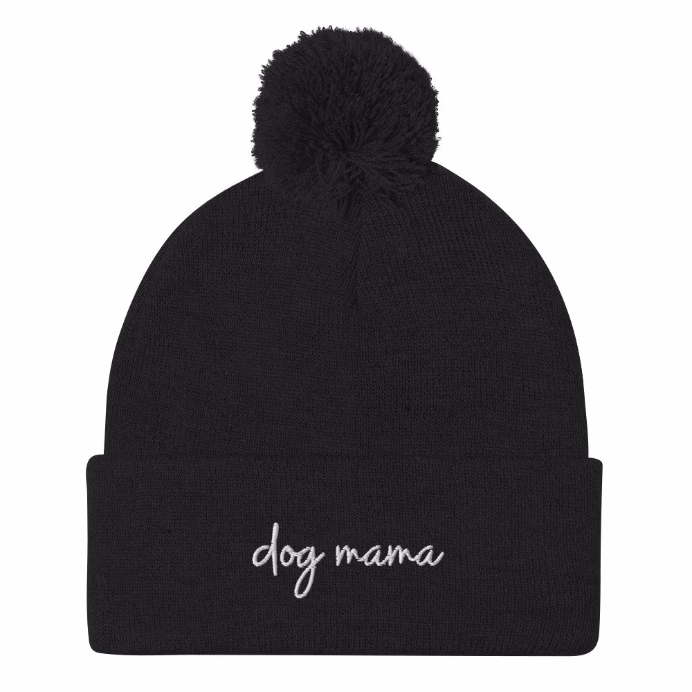 Dog Mama Pom-Pom Beanie, Black, Embroidery, Mom