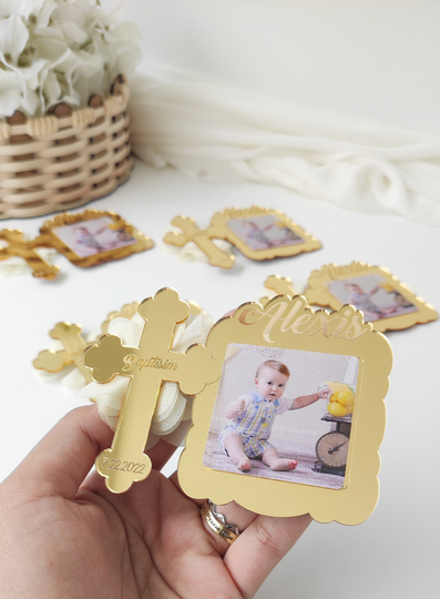 Custom Baby Photo Gift For Guest, Cross Mirror Baptism Favors, First Communion, Golden Gift, Personalized Baptsim Frame Favour