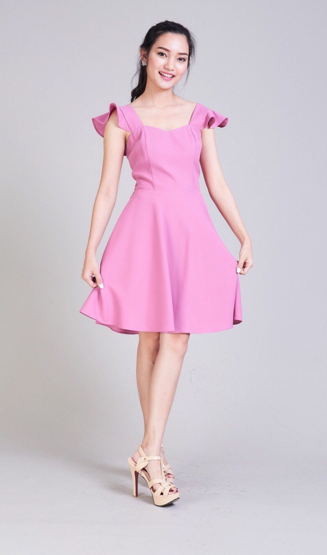 Olivia - Pink Bridesmaid Dress Vintage Summer Sundress Sweetheart Engagement Wedding Clothing Prom Ruffle Straps Flare Skirt