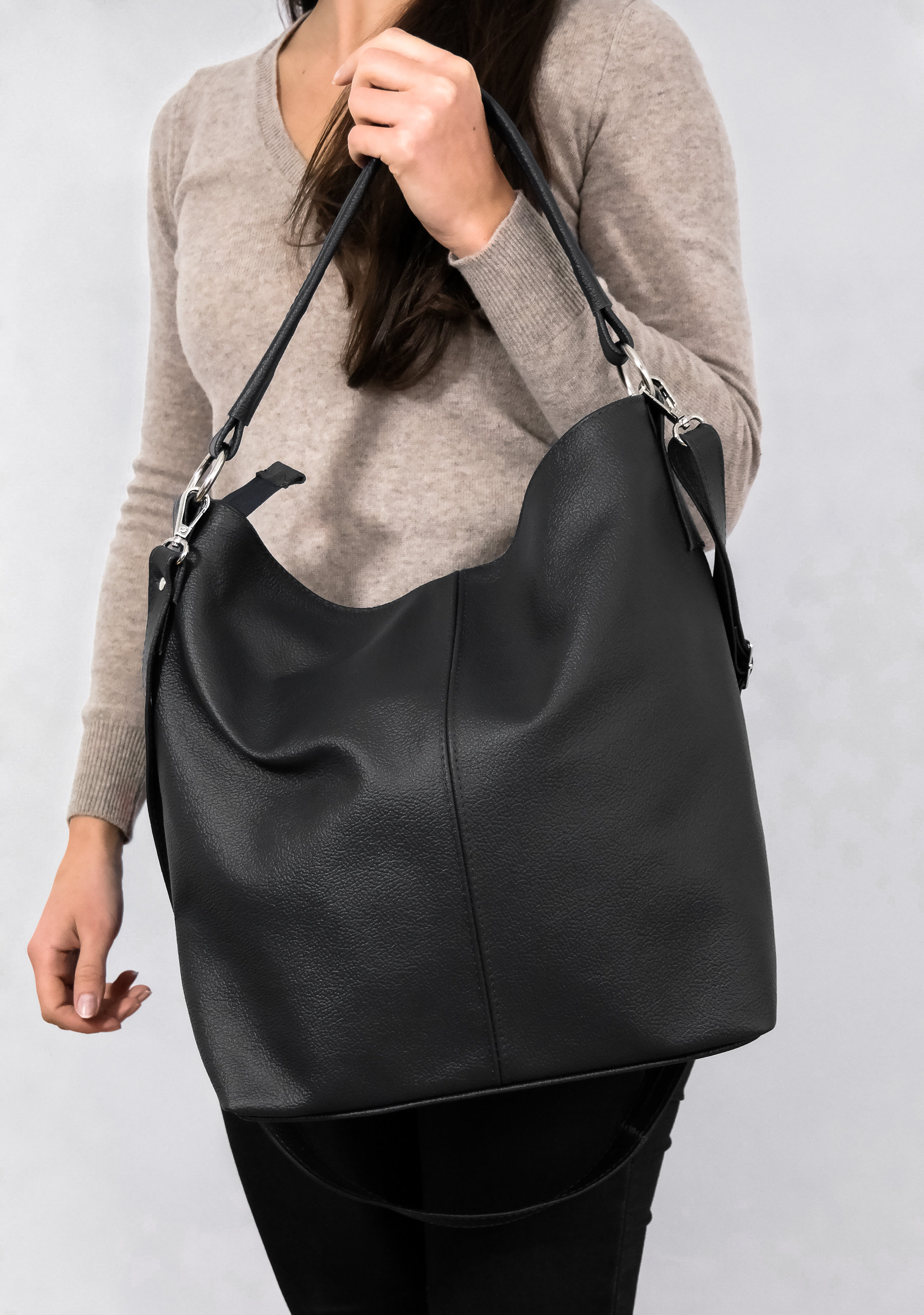 Leather Hobo Bag, Black Leather Handbag, Crossbody Bag, Everyday Tote Laptop Shoulder Hobo Gift, Hb