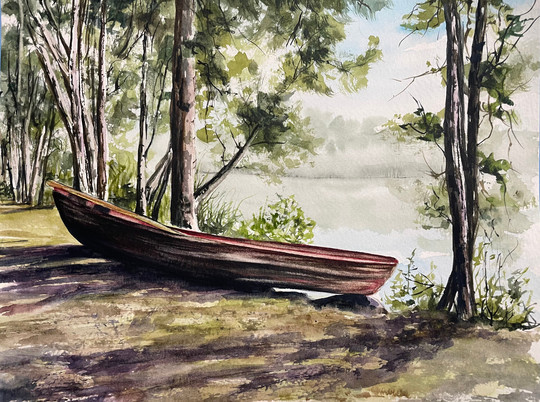 Canoe Painting, Lake House Art, Original Watercolor