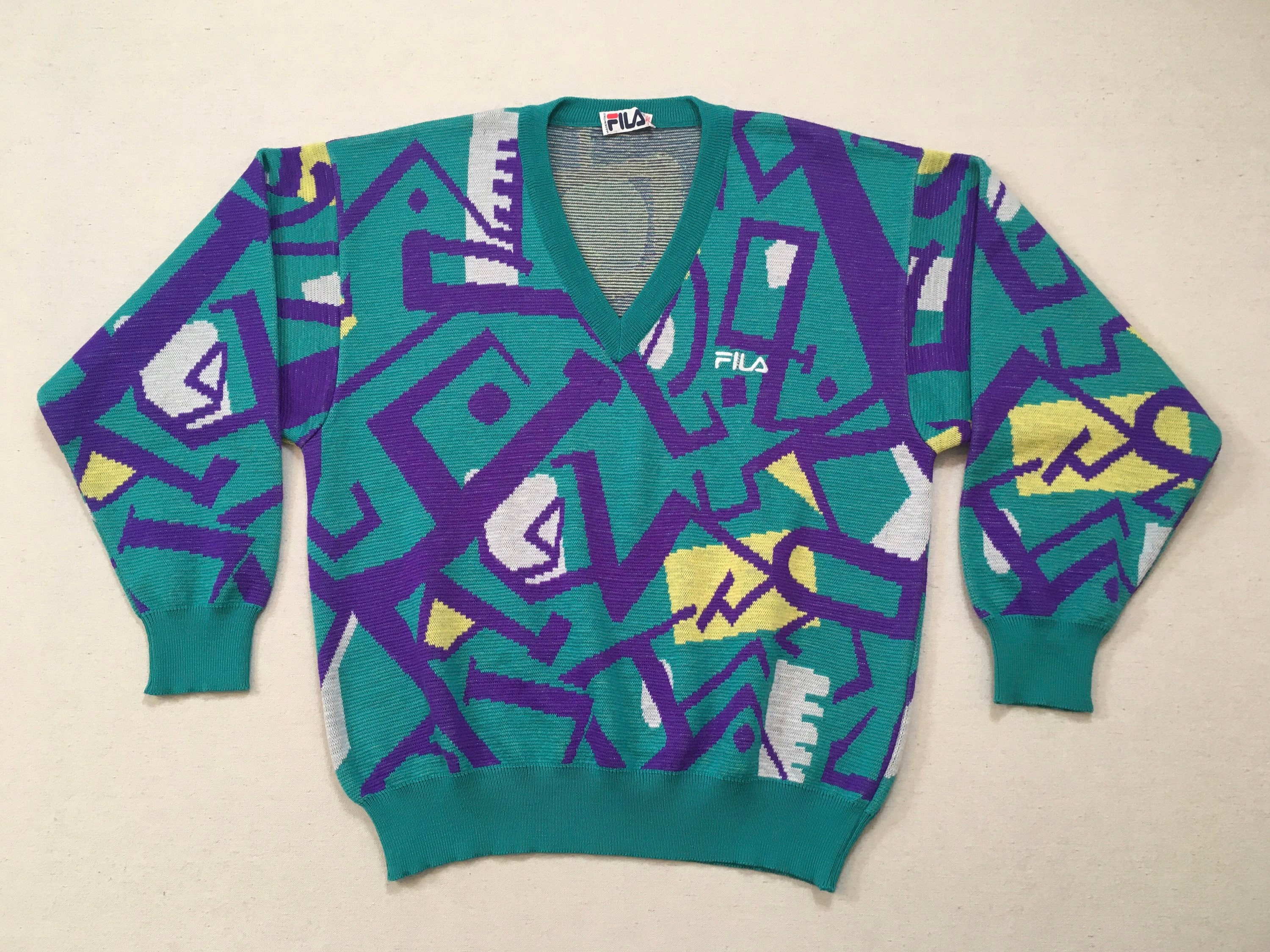 1980's, Italian, Wool Blend, V-Neck, Sweater in Turquoise With Purple, Yellow & Off White, Abstract Design, By Fila