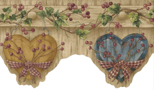 Scalloped Heart With Country Gingham Bow & Berries Ivy Vines On Rustic Wood Brown Wallpaper, Prepasted Wallpaper Borders, 15'x6.6"