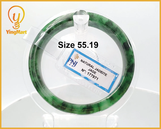 Yingmart 55.19mm Certified Natural Ligh To Medium Green, Grey White, Black Spots Jadeite Jade Bangle, Real Gemstone Bracelet, Vintage Jewelry