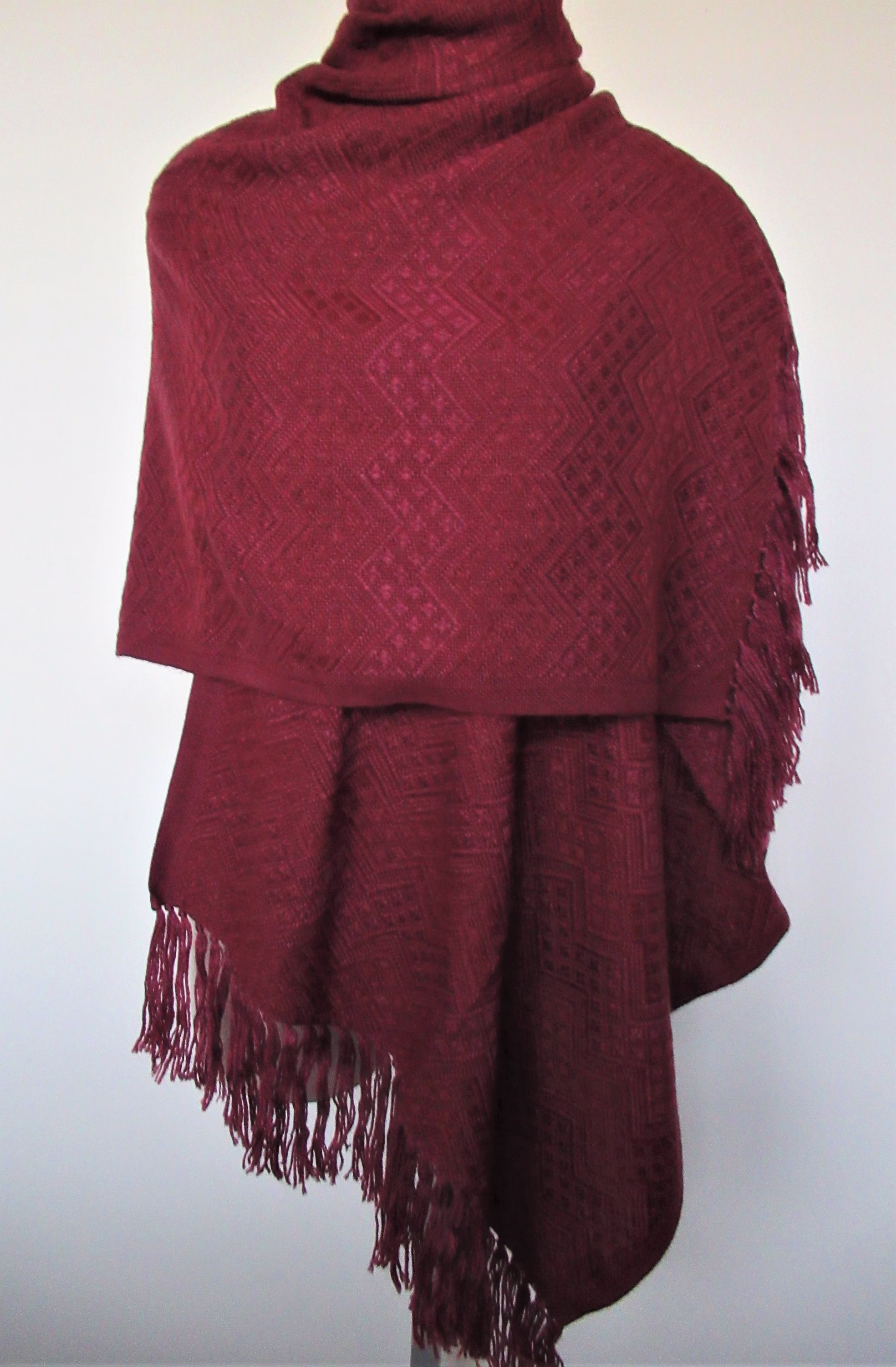 Peruvian Alpaca Blend Shawl For Women/ Burgundy Blend With Geometric Design/Alpaca Wool Wrap