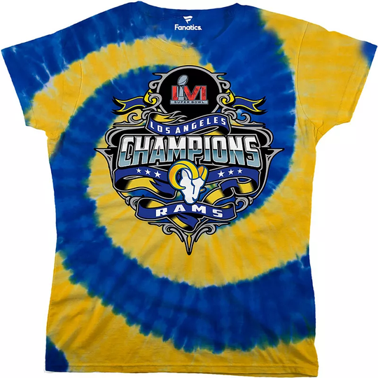 Women's Fanatics Branded Royal/Gold Los Angeles Rams Super Bowl LVI Champions Tie-Dye T-Shirt, Size: Small, Blue