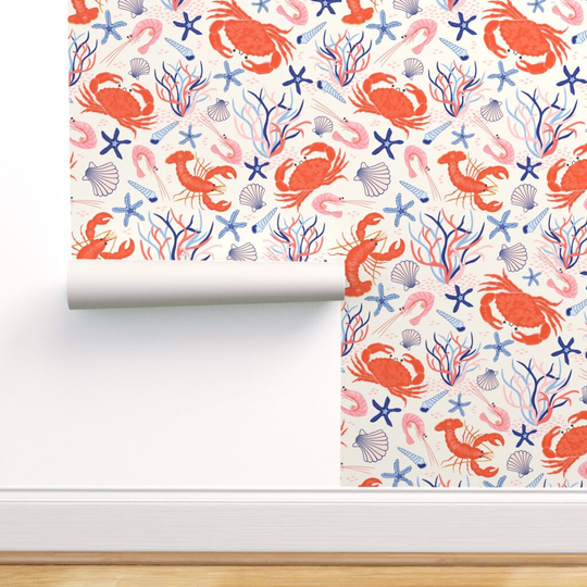 Seafood Wallpaper - Party By Vivdesign Red Blue Ocean Custom Printed Removable Self Adhesive Roll By Spoonflower