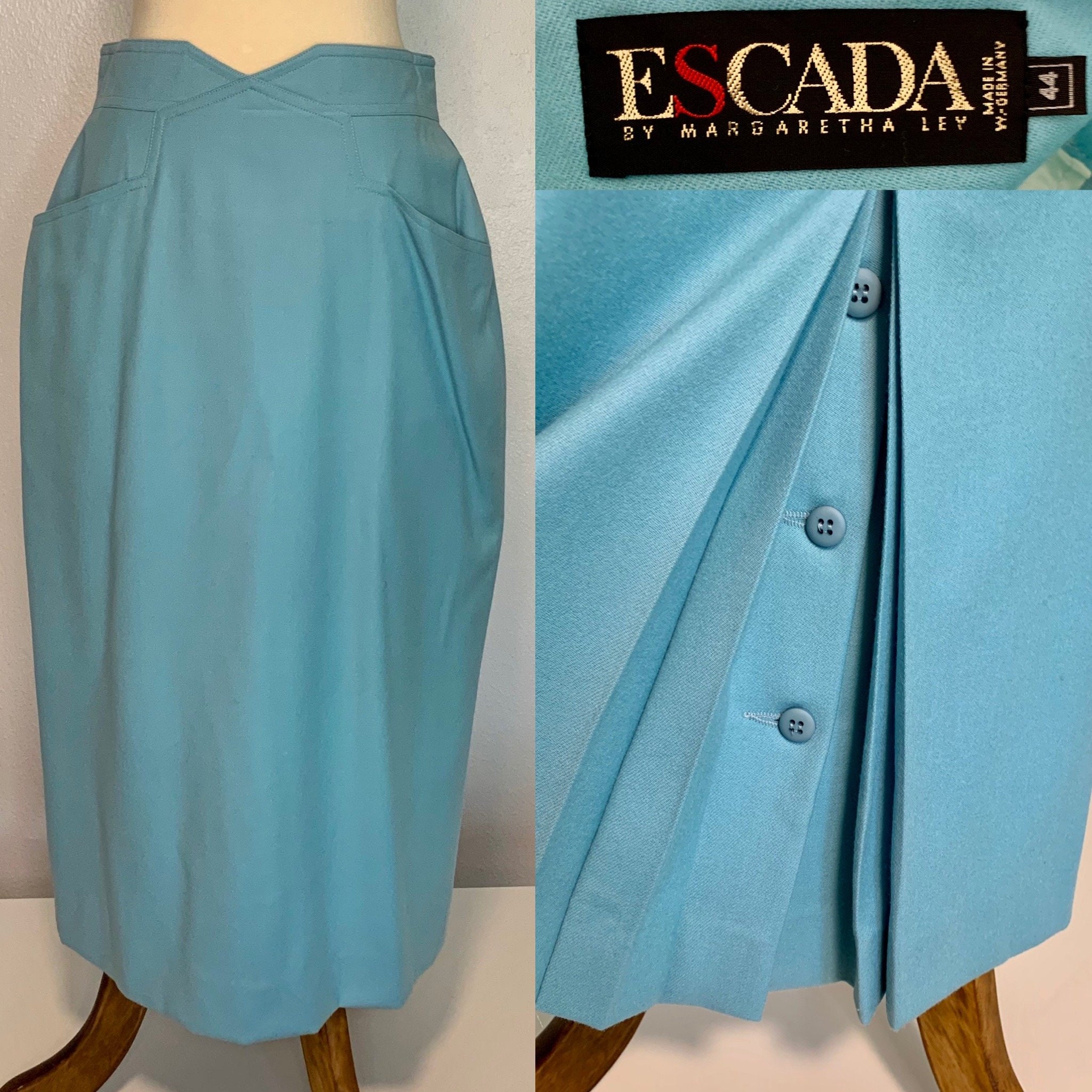 Vintage Escada Wool Blend Baby Blue Pencil Skirt Us Size 14