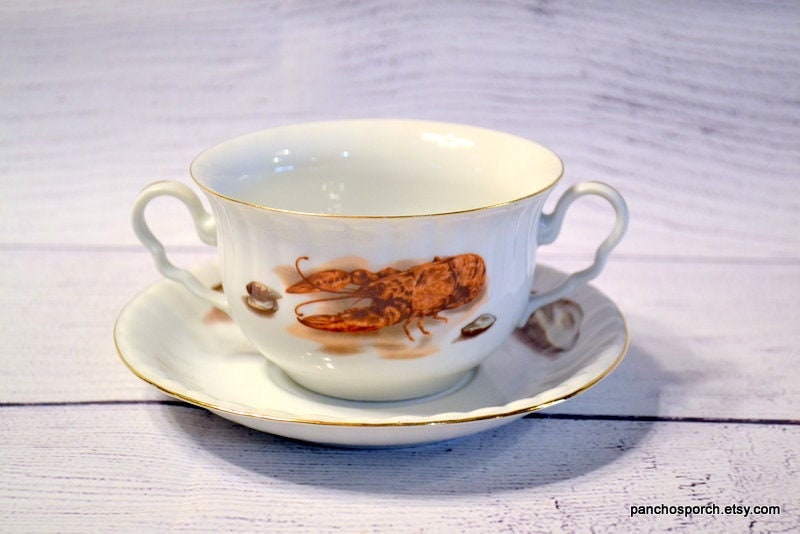 Vintage Wawel Lobster Cream Soup Bowl & Saucer Double Handle Seafood Pattern Clam Chowder Bisque Poland Panchosporch