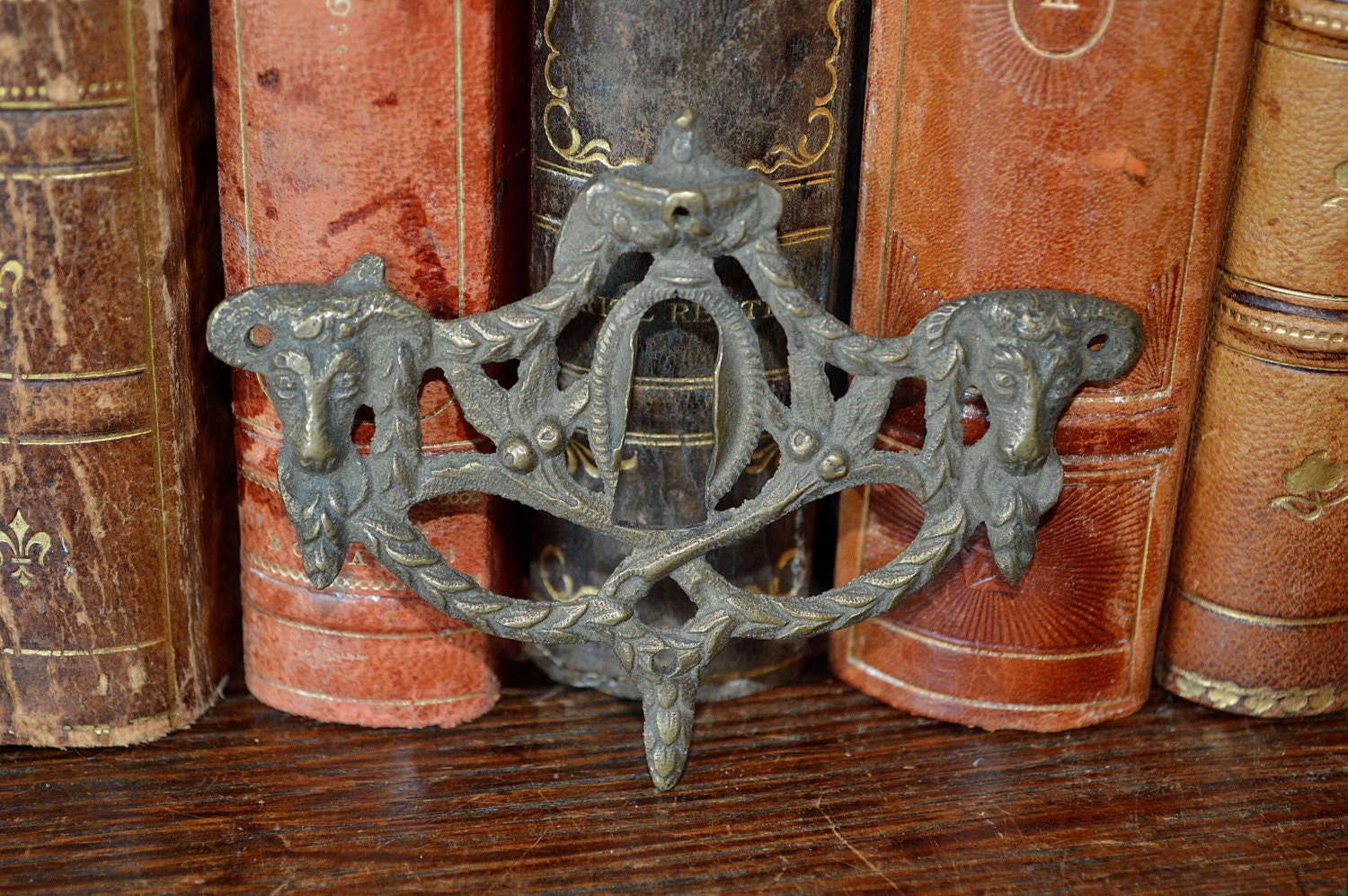 Antique French Bronze Ornate Empire Urn Ram Heads Keyhole Escutcheon Hardware