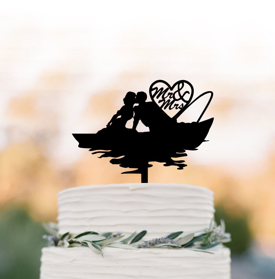 Wedding Cake Topper Fishing Boat, Fisherman Topper, Couple Kissing Wedding Decor, Mr & Mrs