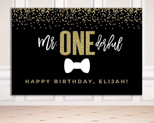 Digital Or Printed Mr Onederful Backdrop Banner First Birthday Party Decorations Black Gold Bowtie 1st Sign Boy Sign For Boys