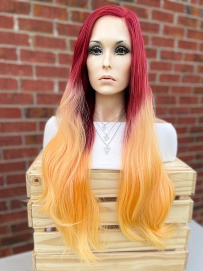 Human Hair Blend Wig Red Orange Ombre Balayage Full Lace Front Long Straight Layered