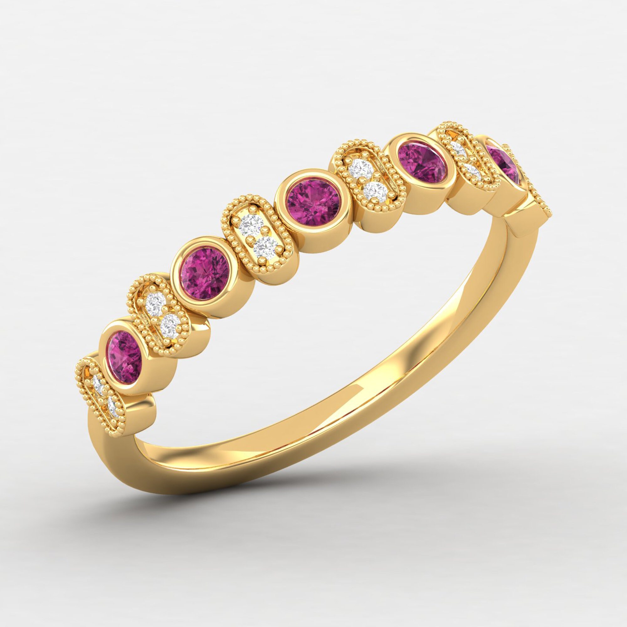 Reddish Pink Tourmaline Eternity Ring, Rubellite Birthstone Jewelry, Minimalist Gemstone Wedding Band Ring