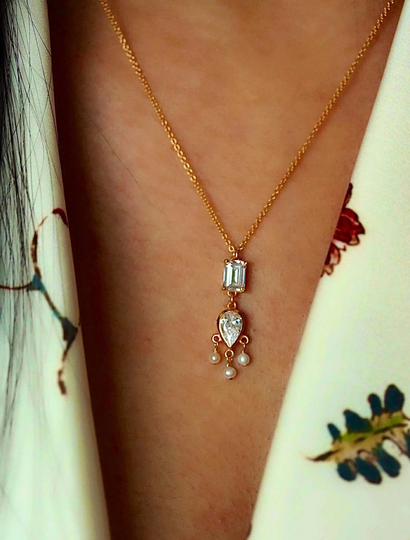 Emerald Cut Diamond Cz Necklace/ Victorian Seed Pearls/ 14K Gold/ Teardrop/Wedding Art Deco Necklace