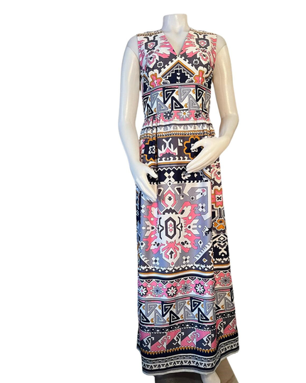Mod Abstract Border Print Maxi Dress 1960S V Neck Sleeveless Vintage Theater Costume Fashion