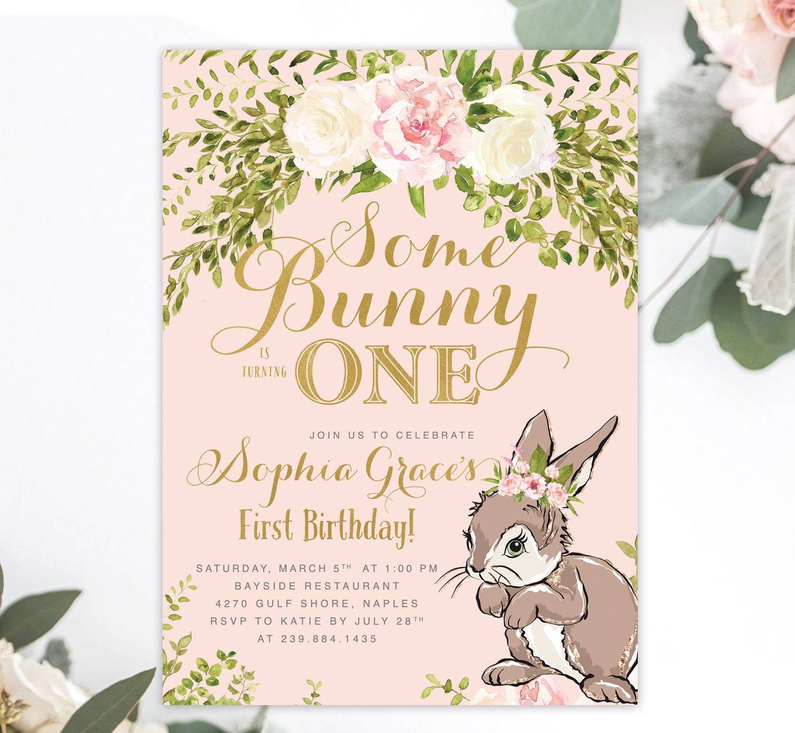 Some Bunny Is Turning One, Girl Birthday Invitation, First 1st Invitation - Brown Sophia