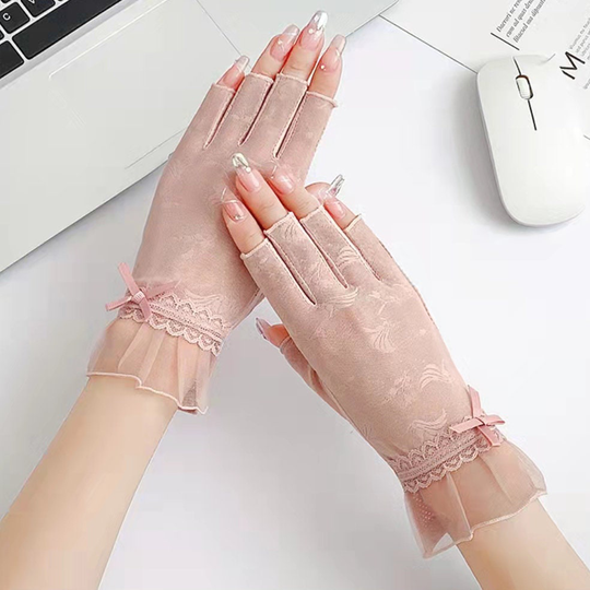 stylish Sunscreen Women Sheer Gloves With Bow, Bike/Grocery/Uv Protection/Working/Short/Driving Gloves, Half Finger Fashion Accessories