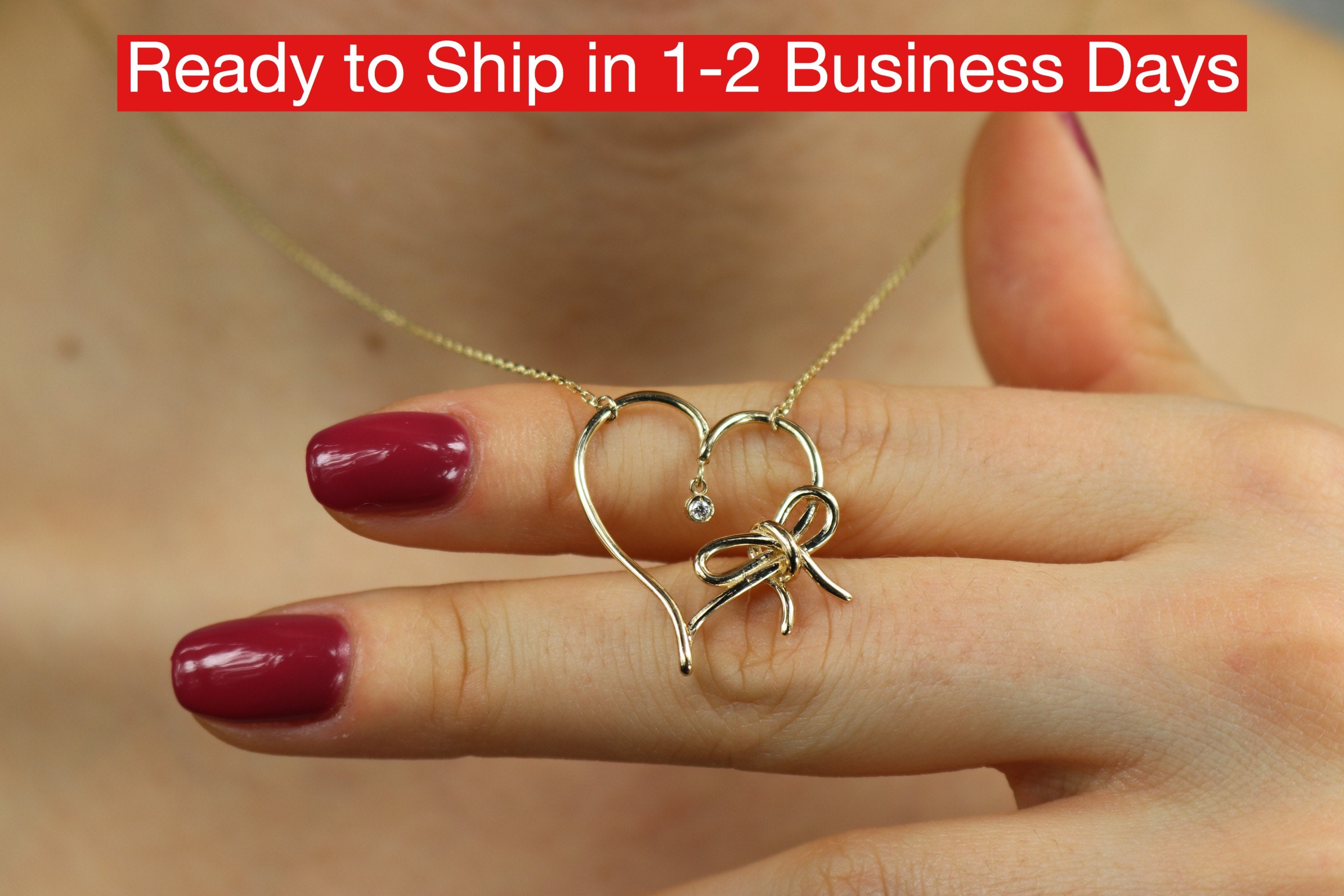 Gold Heart Necklace/Bowtie 14K Bridesmaid Gift Everyday Simple Unique For Her