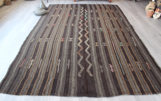 6'6"x10'3", Vintage Black Kilim, Striped Brown Kilim Rug, Ethnic Decorative Rug Large Area /